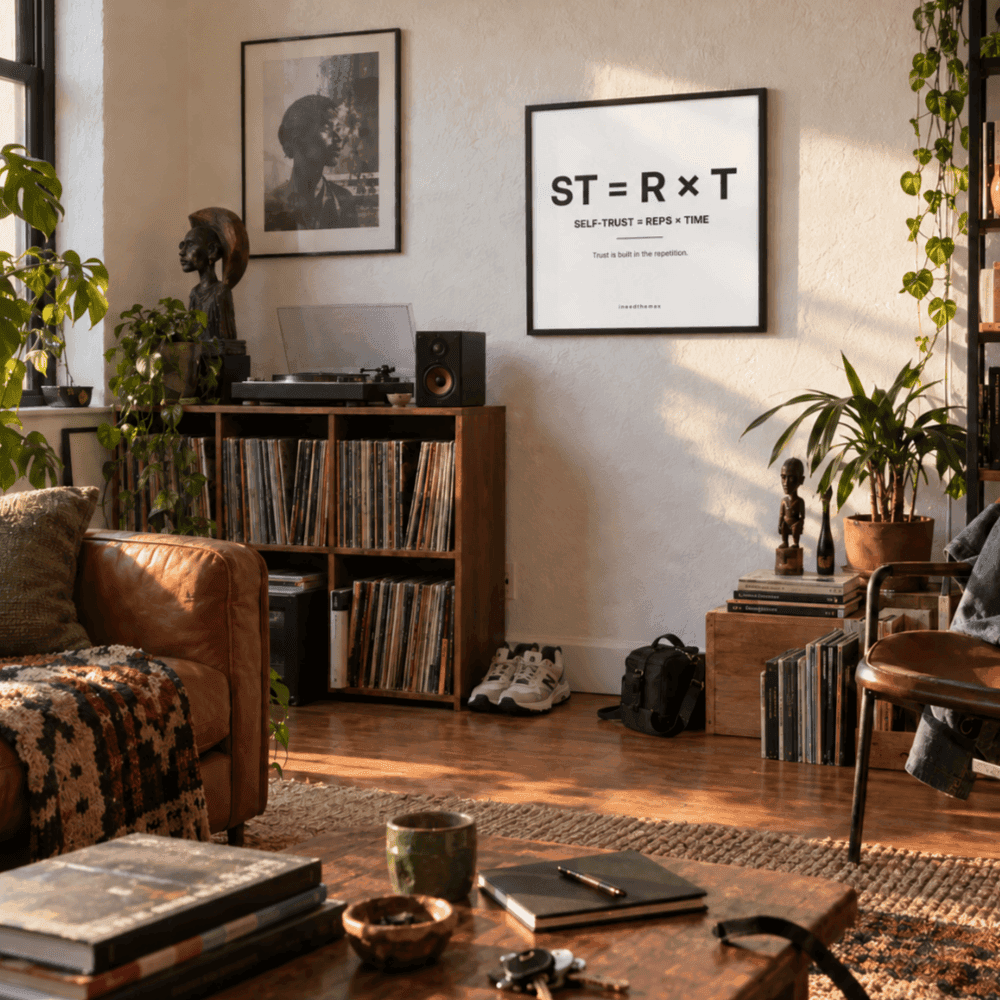 Self-Trust framed artwork, ST = R × T, above a record collection in a sunlit room.