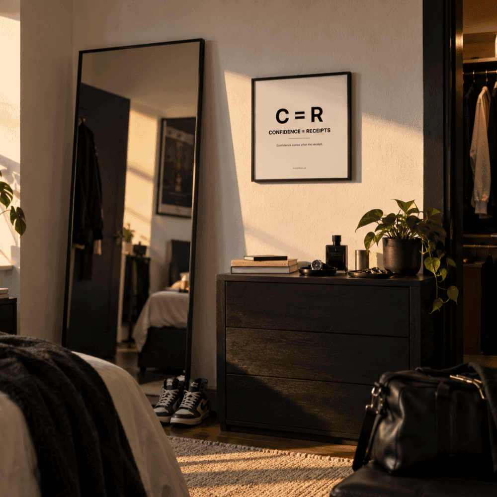 Confidence framed artwork, C = R, above a dresser in a sunlit room.