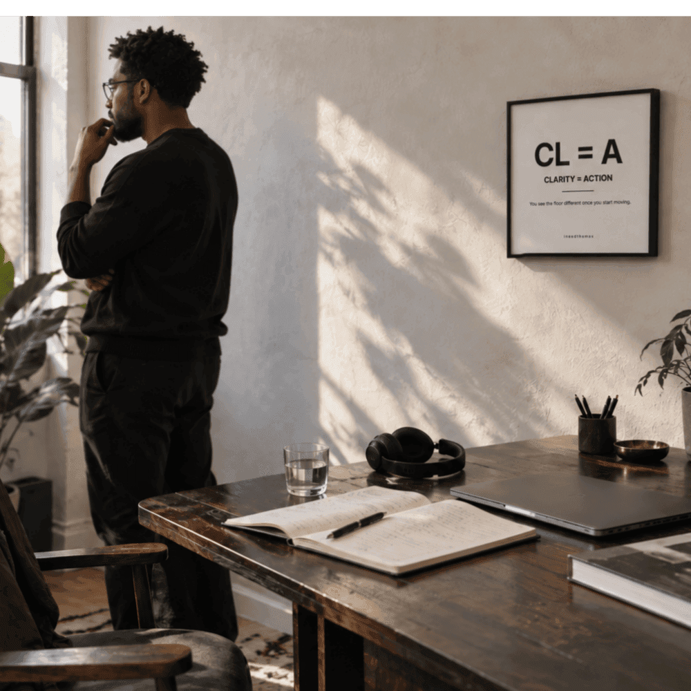 Clarity framed artwork, CL = A, beside a window in a creative workspace.